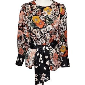 ZARA Ditzy Floral Flutter Tie Blouse Long Sleeve Size XS lightweight top GUC